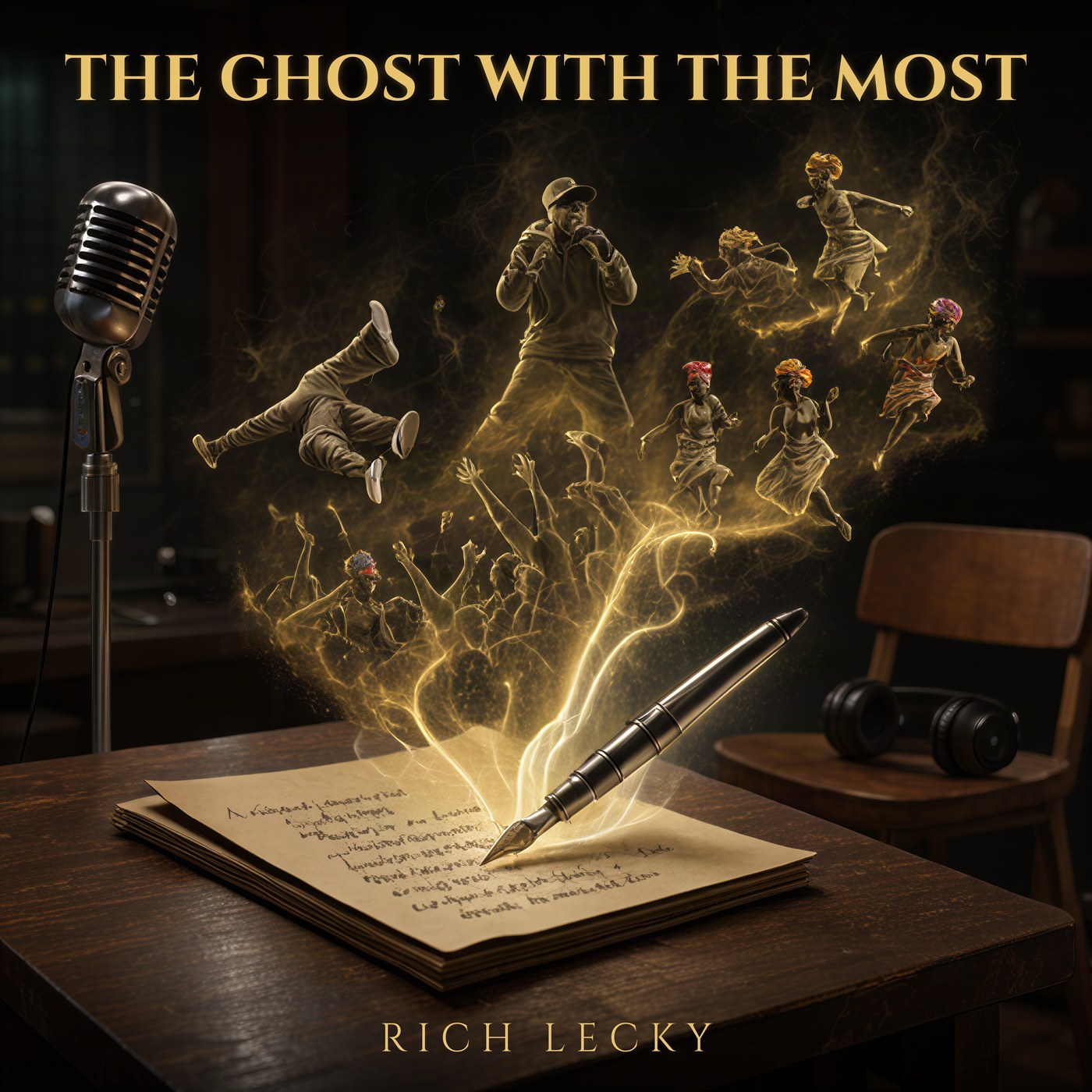Album cover: a fountain pen writes by itself as golden smoke rises into dancing spirits